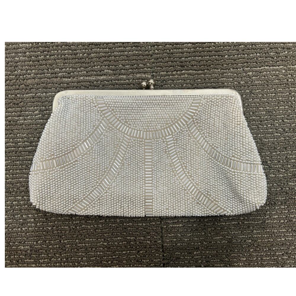 Vintage Beaded White Clutch Evening Bag Formal Kiss Lock